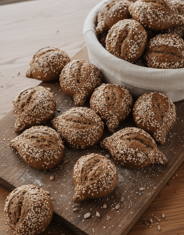 Organic brown mini buns with multi seeds topping